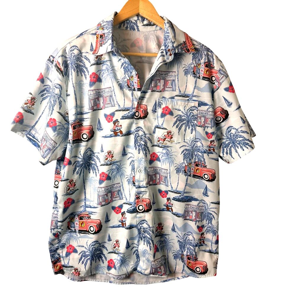 Bucee's Hawaiian Shirt Mens Blue Surf Floral Car Sail Button Up Cruise Vacation
